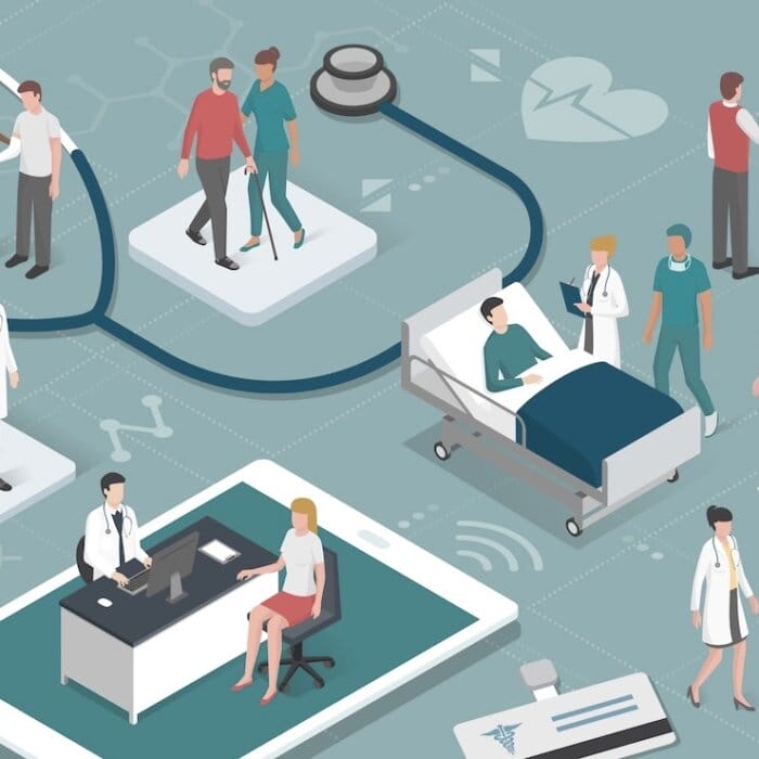 Illustration of patients and doctors in various healthcare settings
