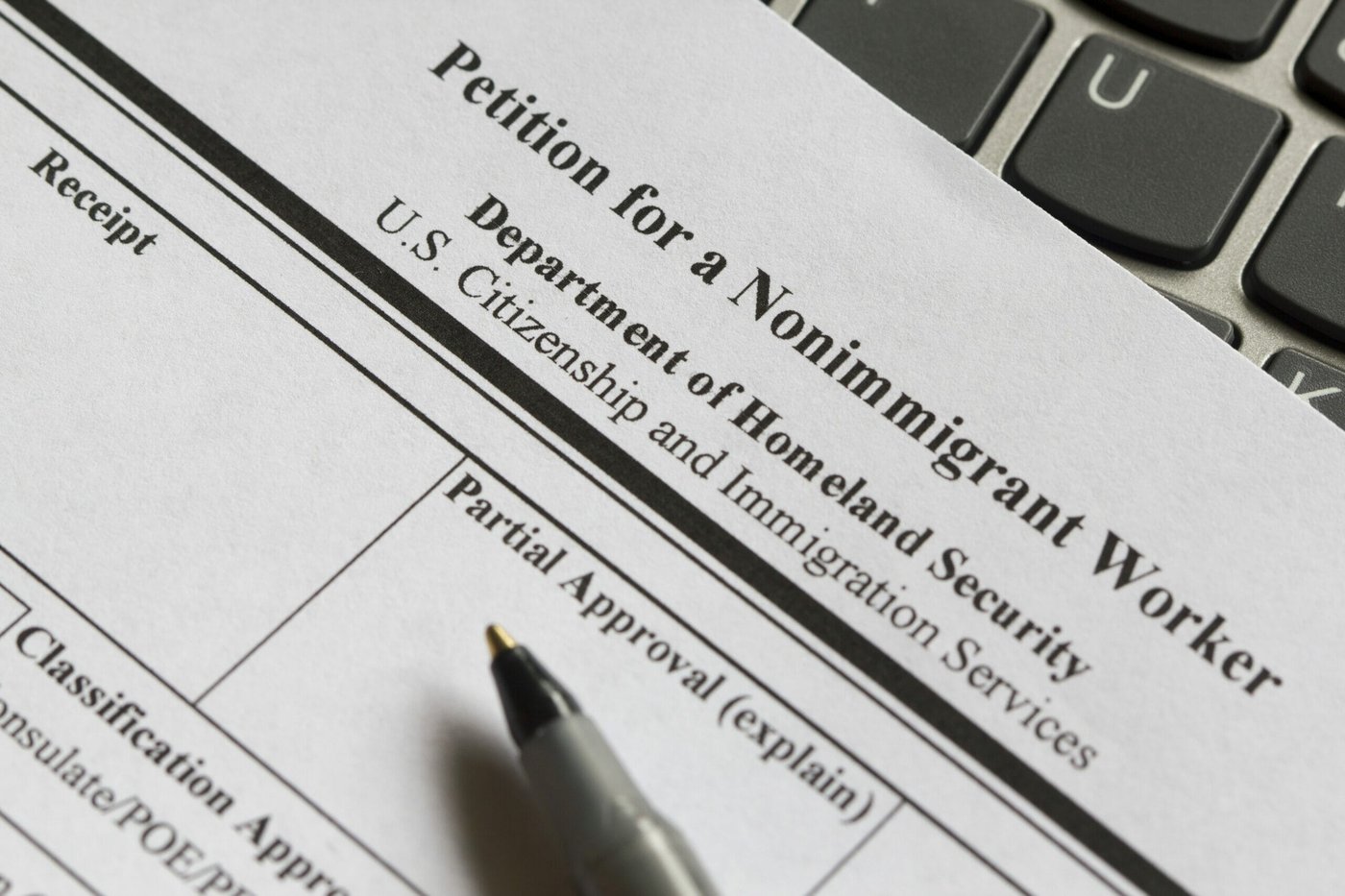 Closeup of Form I-129, Petition for a Nonimmigrant Worker, issued by U.S. Citizenship and Immigration Services (USCIS).