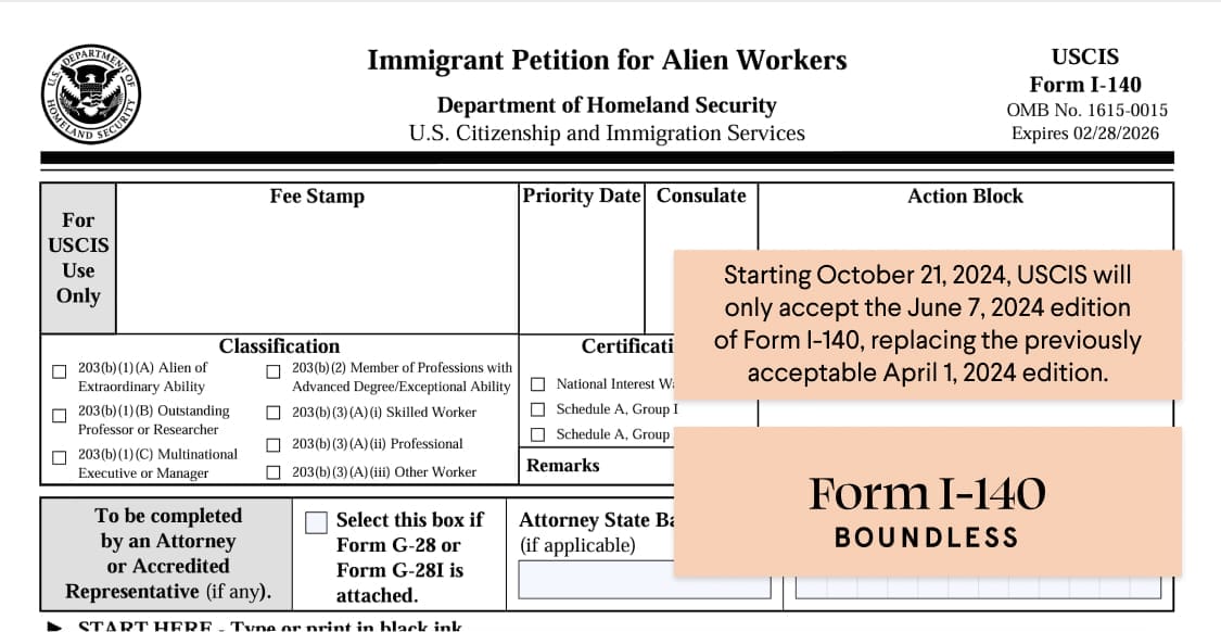 Form I-140 2024 October Update Sample of USCIS Form I-140, Immigrant Petition for Alien Worker, for reference purposes